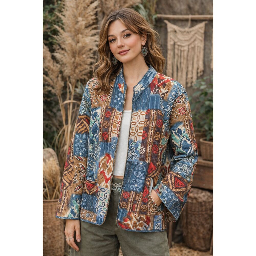 Vintage Kantha Stitched Patchwork Jacket Boho Art… - image 1